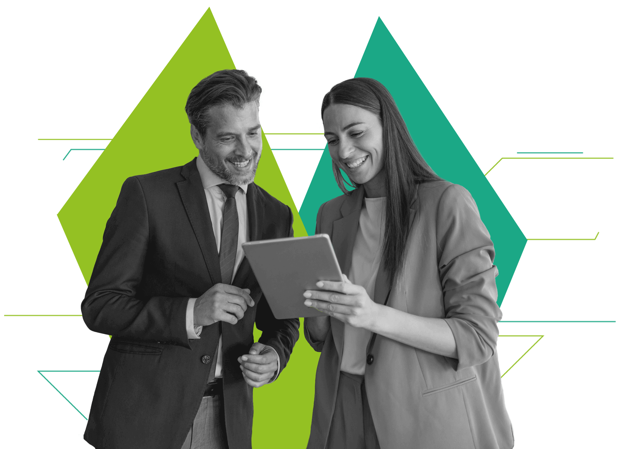 Two professionals in formal suits engaged in a conversation about the Auditev software